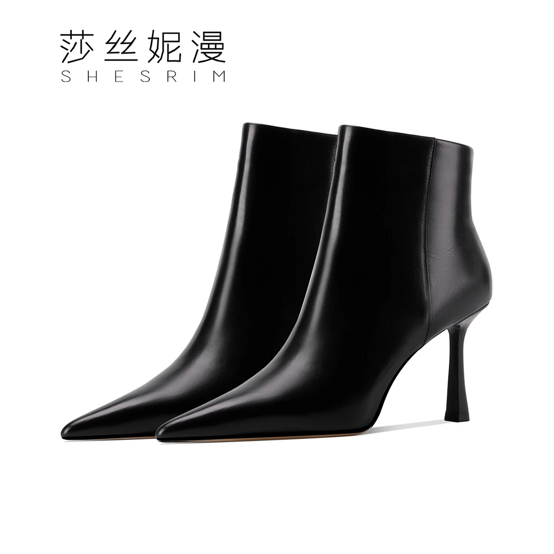 Q59-短靴新款真皮百搭女靴子气质时尚绒里轻奢跟鞋高跟冬季尖头