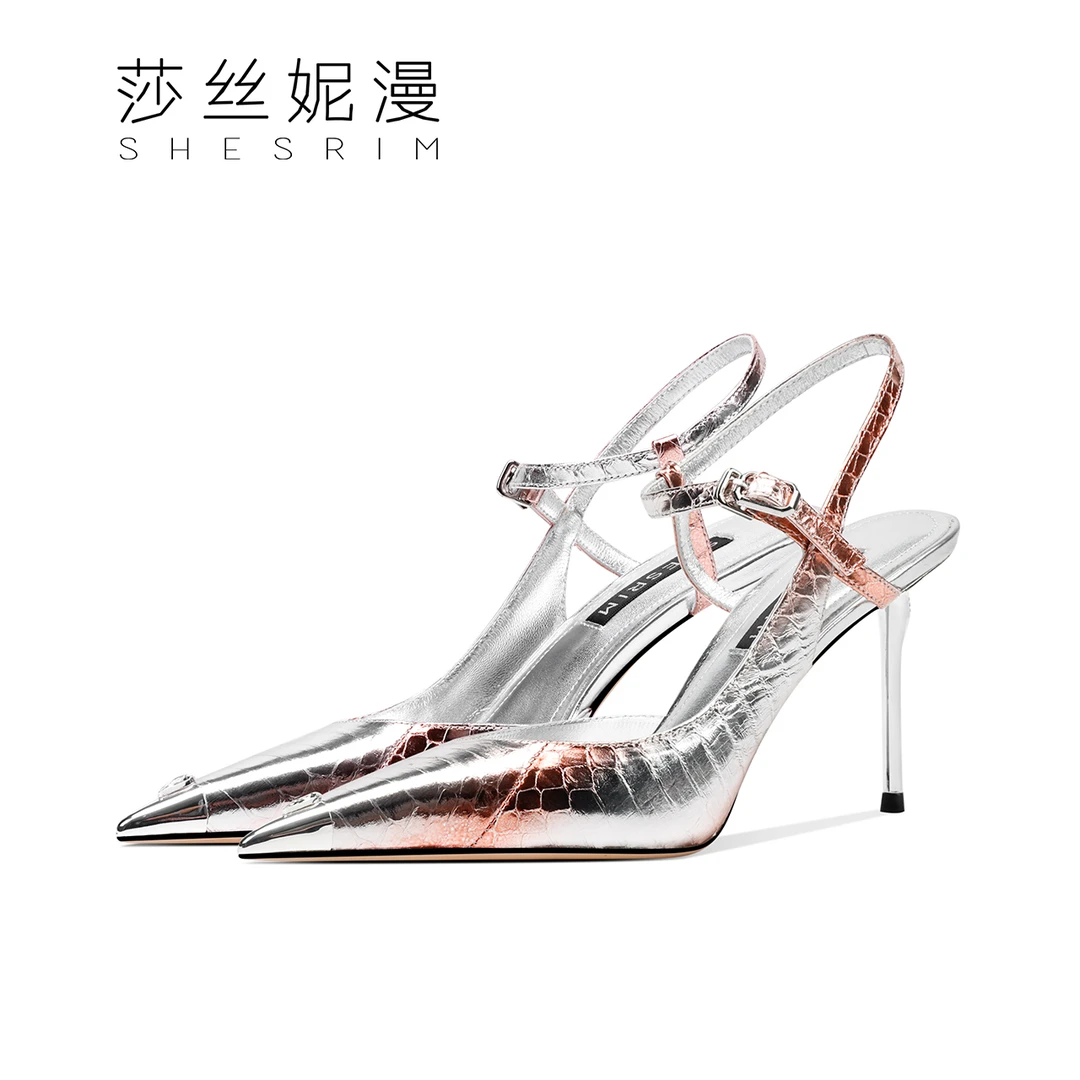 【蛇皮系列】银色夏季首发女士高奢蛇皮一字带凉鞋尖头性感