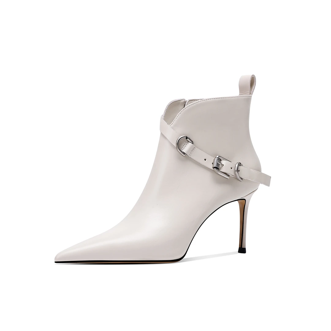 秋冬新款短靴2024年7.5cm细跟女气质斜扣设计款尖头高跟百搭法式