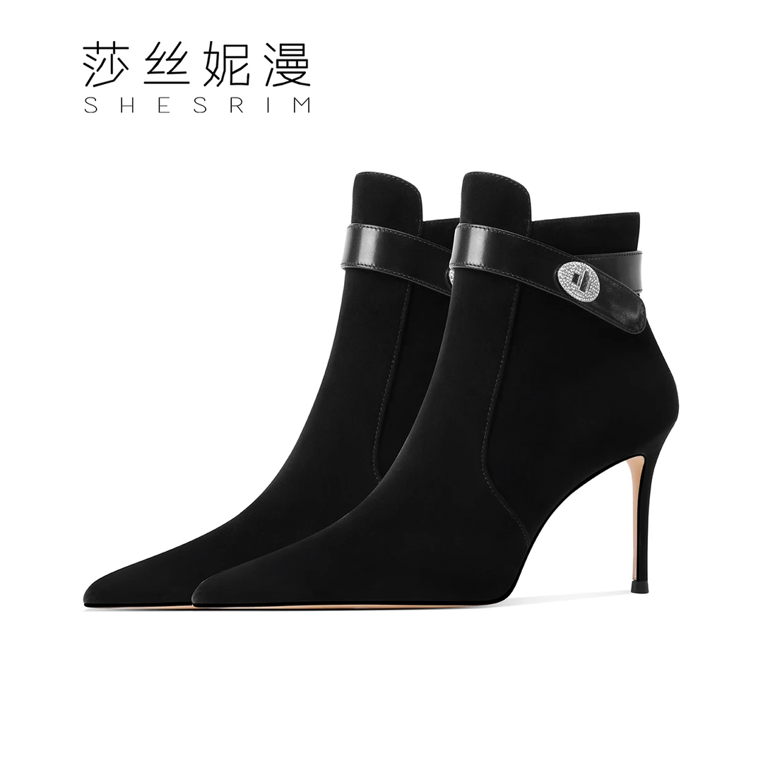 黑色羊皮高跟短靴女2024冬季新款气质细跟尖头时装靴百搭靴子