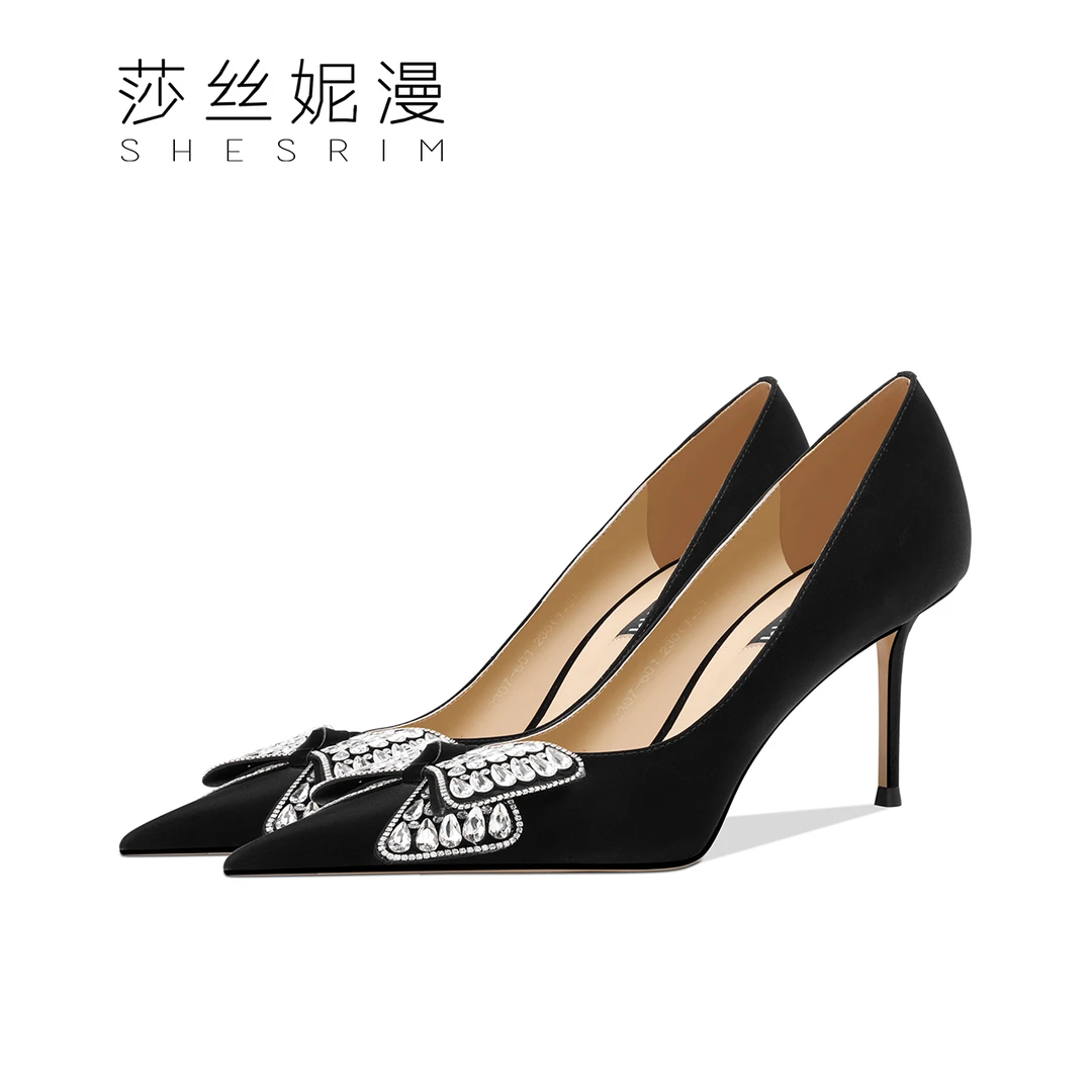 2024春季新款时尚细跟潮流高跟鞋女蝴蝶结单鞋小众设计黑色尖头鞋