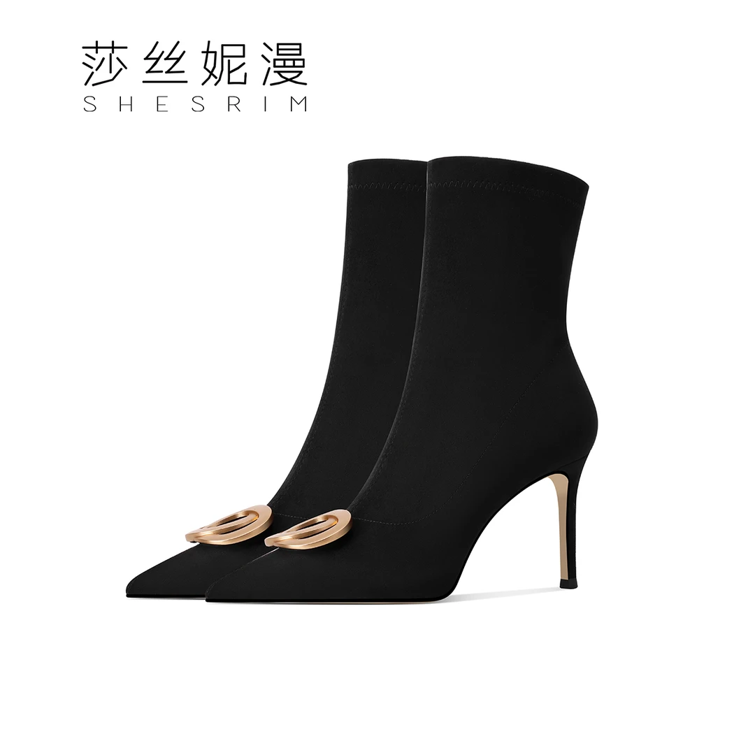 韩版尖头细跟高跟女短靴套筒靴弹力靴金属扣时尚百搭女鞋新款高端