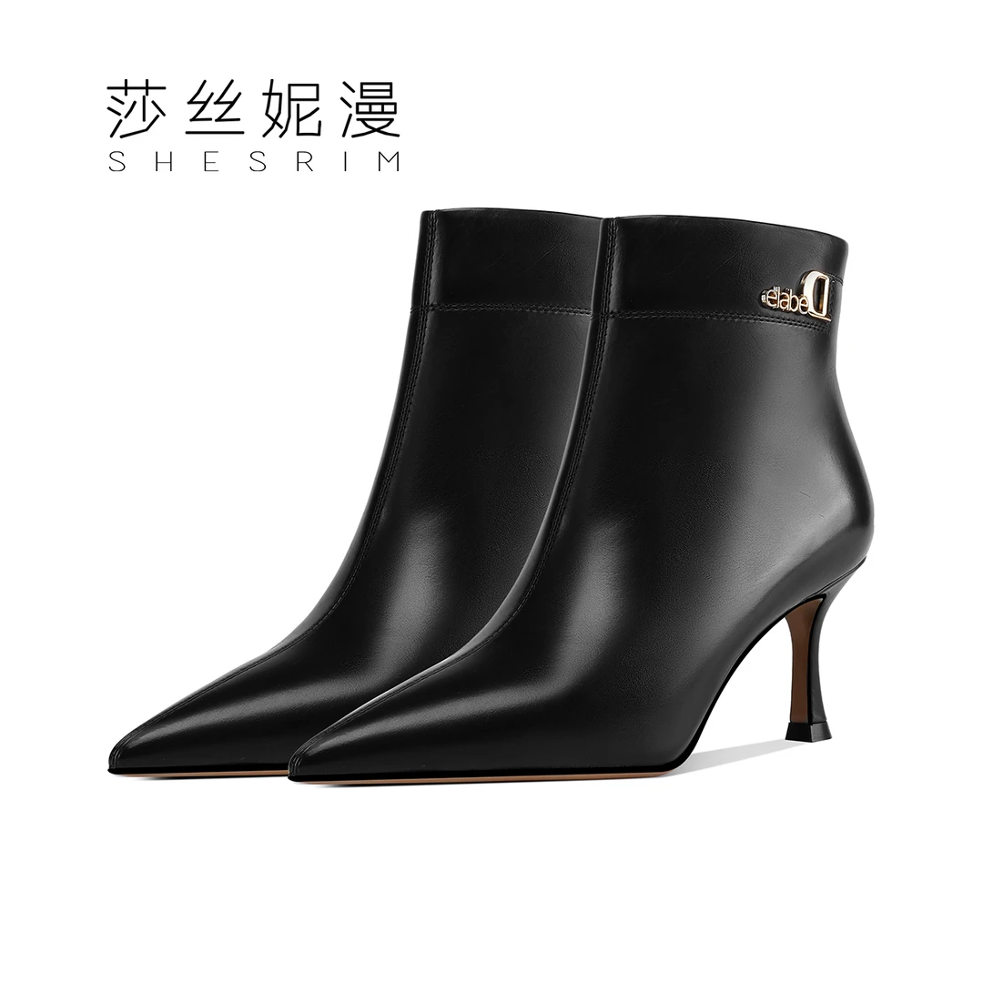 尖头细跟短靴女时尚百搭真皮欧美风高跟靴子加绒短靴秋季