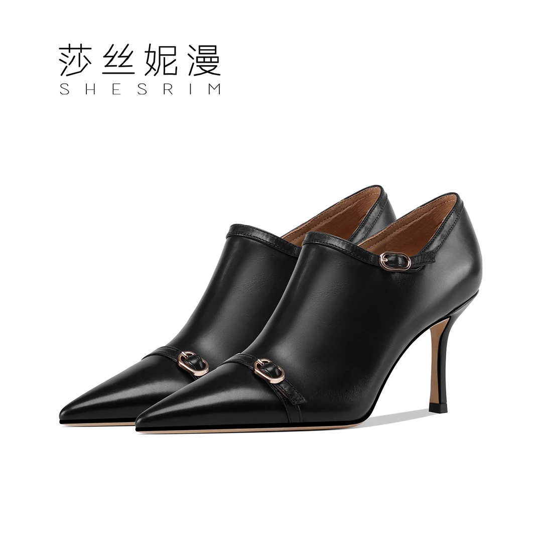 黑色真皮短筒靴子女冬季2024新款尖头法式细跟短靴百搭高跟瘦瘦靴