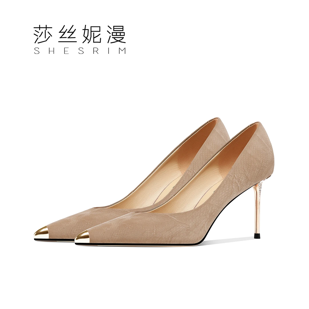 P24-新款真皮尖头高跟鞋时尚百搭细跟女鞋名媛风浅口单鞋舒适女鞋