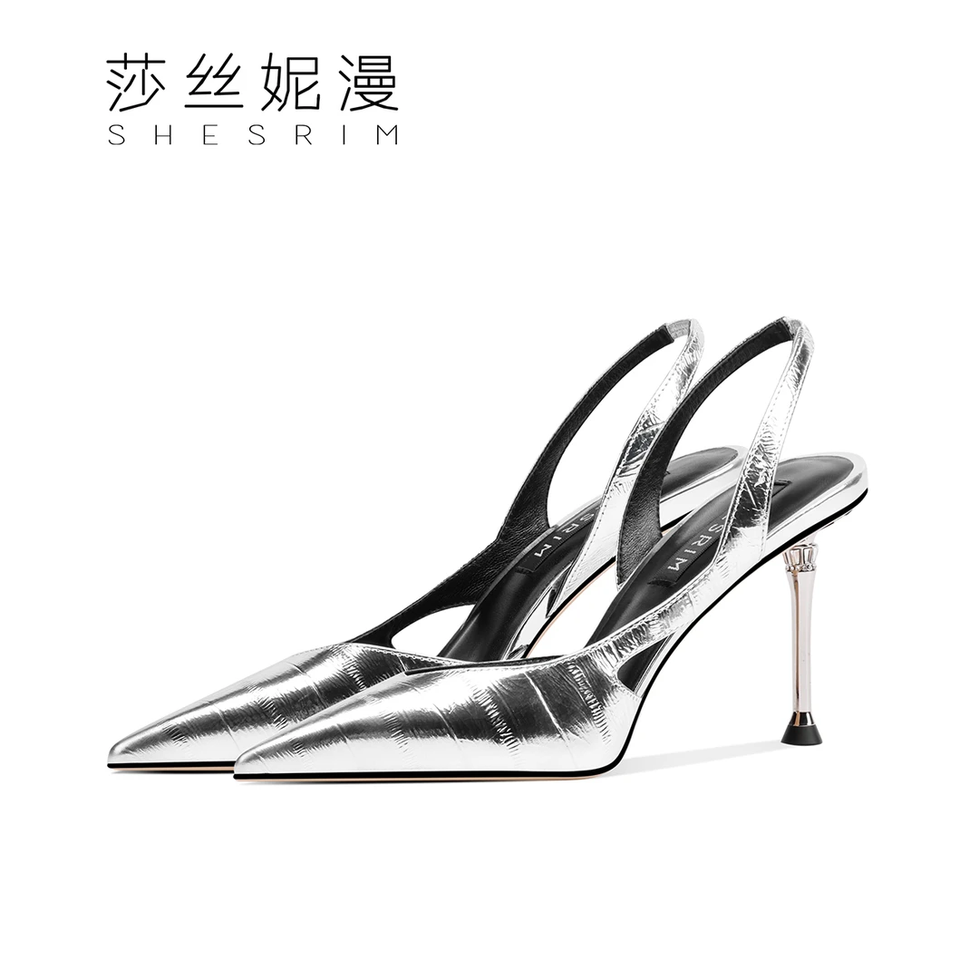 夏季上新尖头细跟时装凉鞋气质百搭款女士包头凉鞋金属实心跟