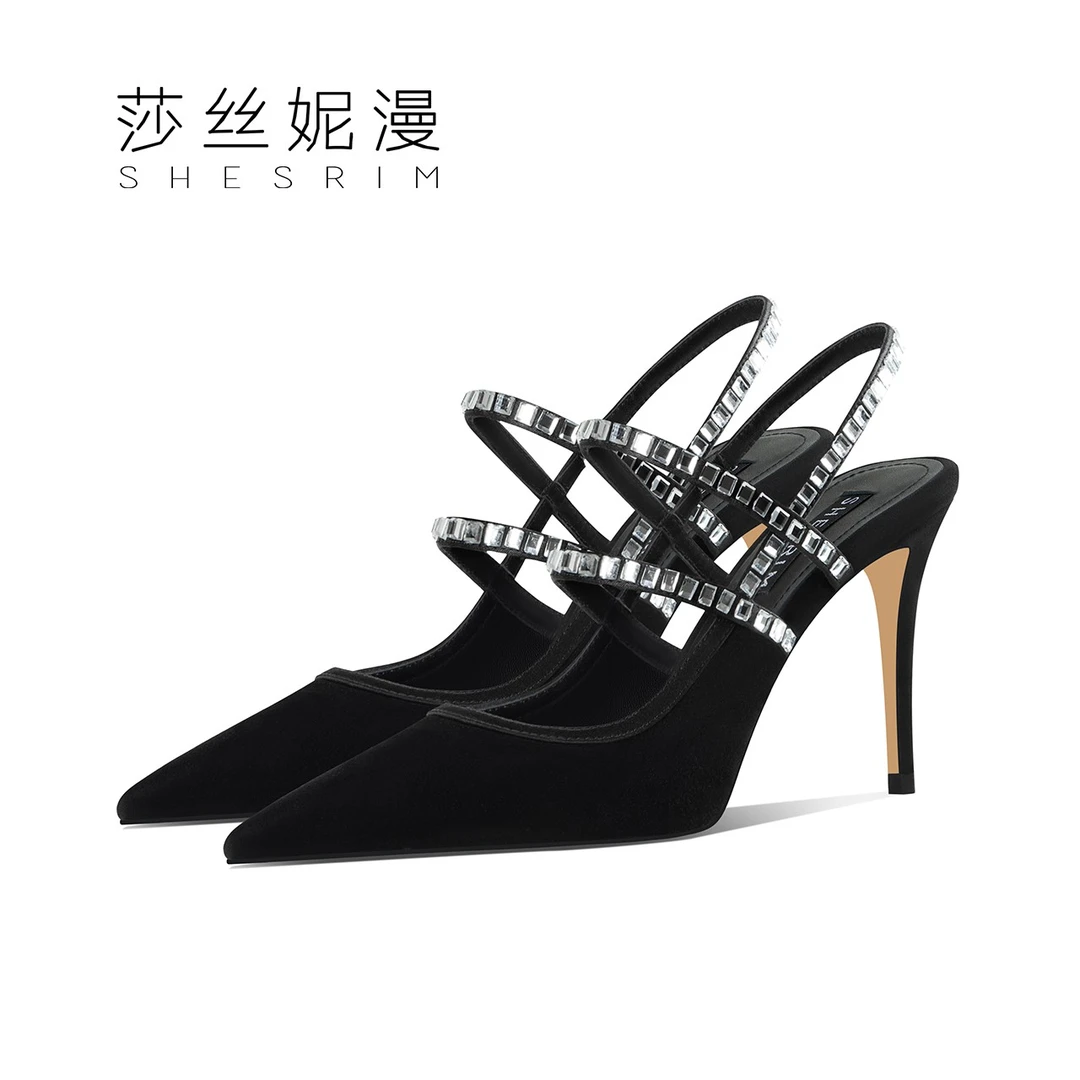 尖头高跟鞋女春夏新款水晶烫钻凉鞋一字扣时尚性感高跟鞋女