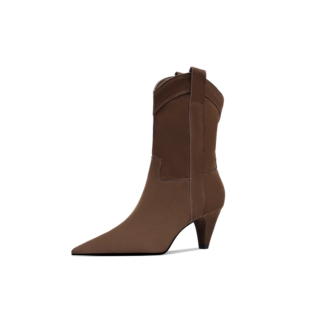 秋冬新款上新短靴绒面真皮绒里低跟西部牛仔风女靴尖头细跟靴