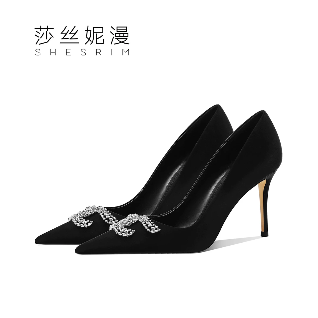 P41-春季新款真皮细跟女单鞋名媛风浅口女鞋尖头气质简约女士鞋子