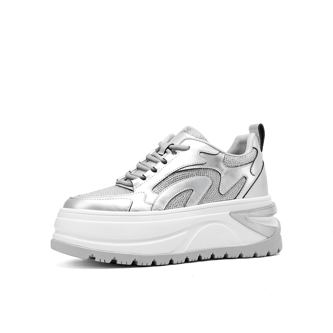 Y02-秋冬新款真皮老爹鞋厚底水钻黑色百搭女运动鞋休闲潮流