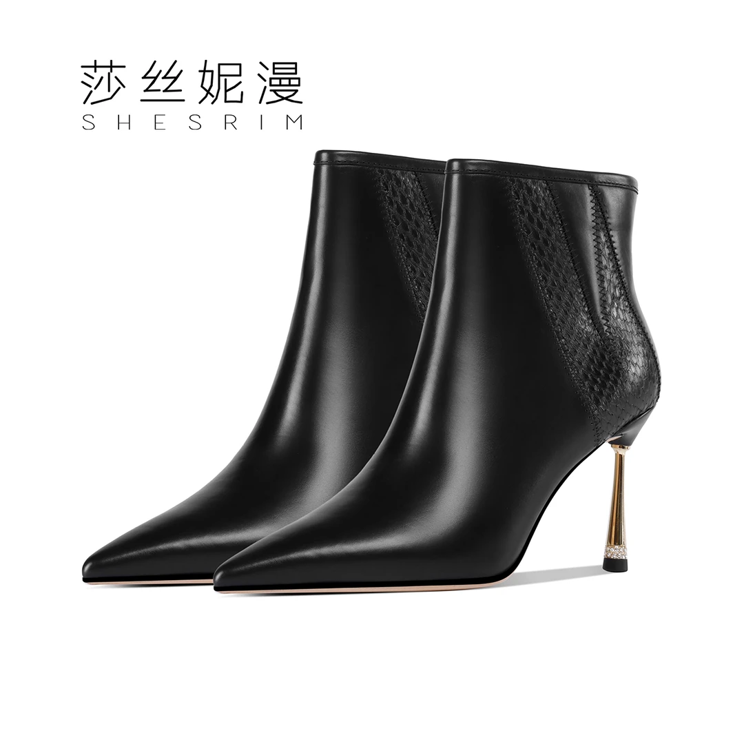 【设计师首发限定】尖头细跟铆钉高跟短靴女百搭拼接气质优雅靴子