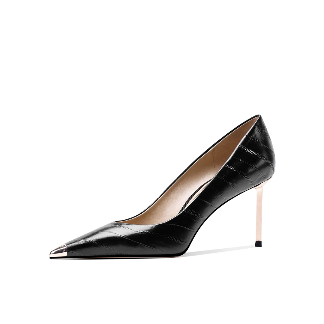 鳗鱼纹浅口高跟鞋秋冬新款尖头细高跟金属跟女士黑色金属实心跟女