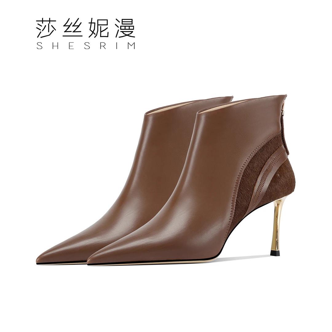 Q76-气质时尚细跟尖头秋冬季裸靴真皮短靴女时装靴法式时尚短靴