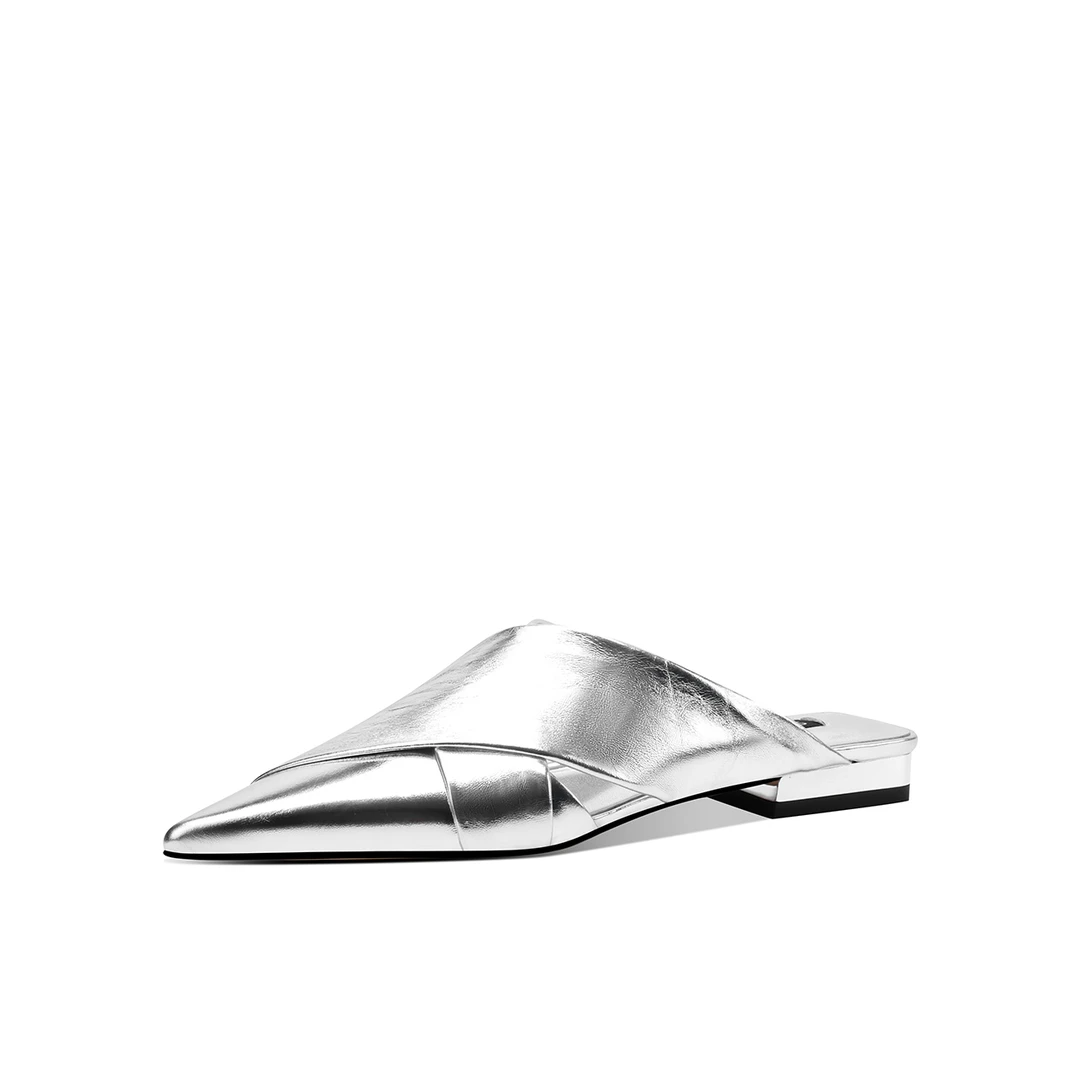 时装金属风包头气质拖鞋女士夏季新款低跟编织银色时尚女款