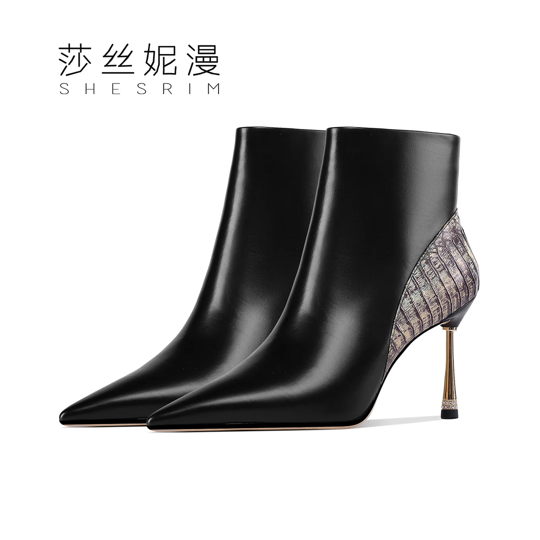 Q55-高端胎牛皮拼接蛇皮短靴女水钻2023秋冬季气质高跟女靴子