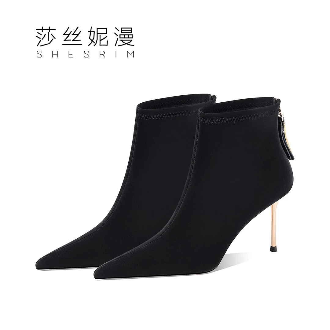 2024秋冬新款高跟尖头黑色简约后拉链百搭女短靴气质时尚浅口裸靴
