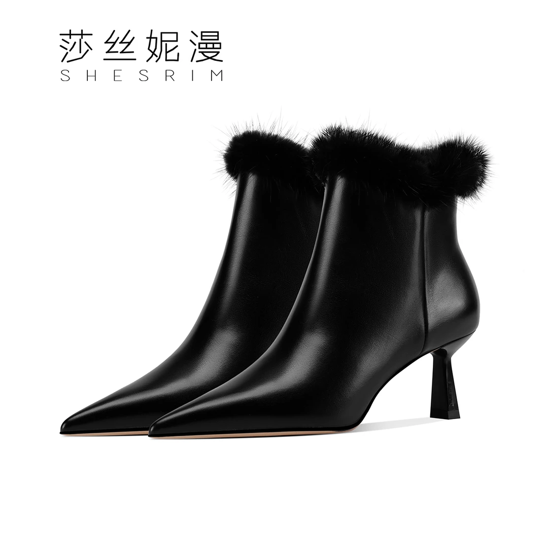 Q217-黑色气质靴子牛皮真皮女靴秋冬短筒尖头粗跟高跟短靴女加绒