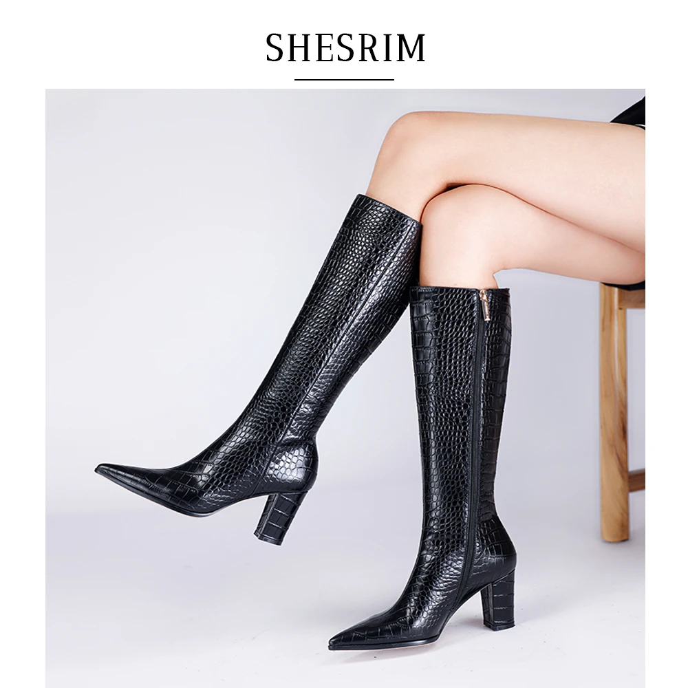 2024秋冬新款跟高7.5cm不过膝长靴压纹尖头长筒真皮黑色百搭加绒