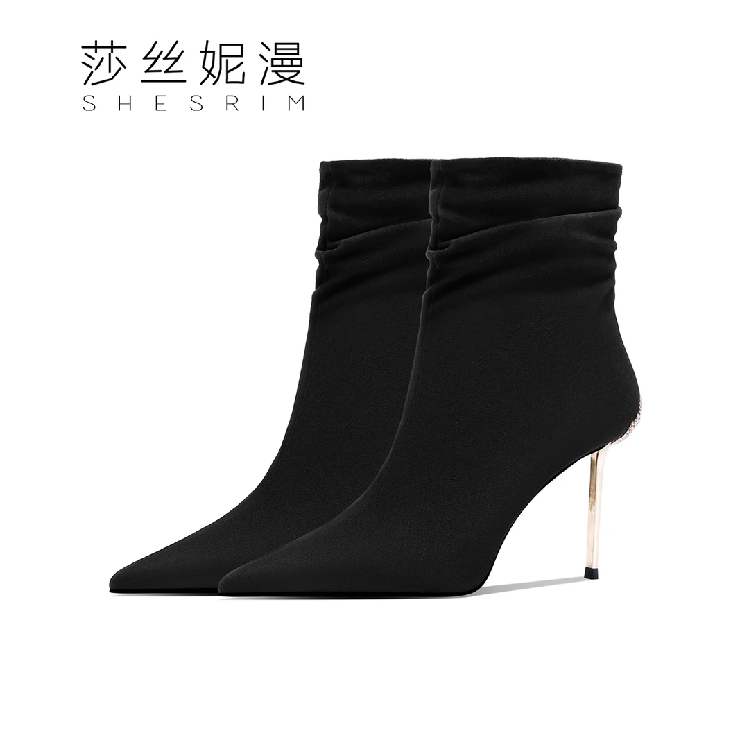2024秋冬季新款高跟尖头弹力靴女细跟堆堆靴天鹅跟时尚优雅气质