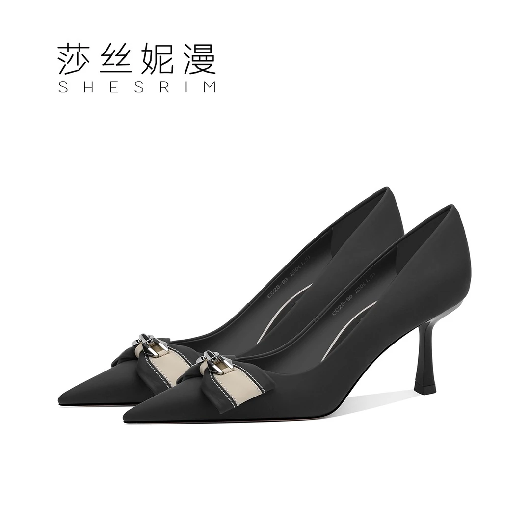 P68-高跟鞋女春季新款百搭铁头女单鞋细跟气质时装鞋丝绸皮女士鞋