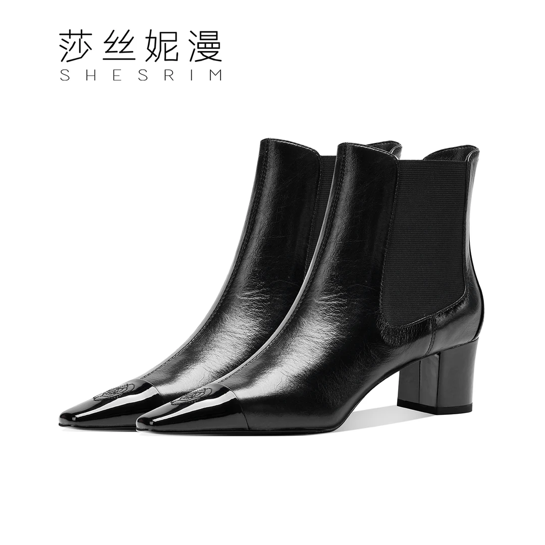 2024新款百搭软羊皮小香风法式粗跟高跟短靴女春秋单靴尖头冬季