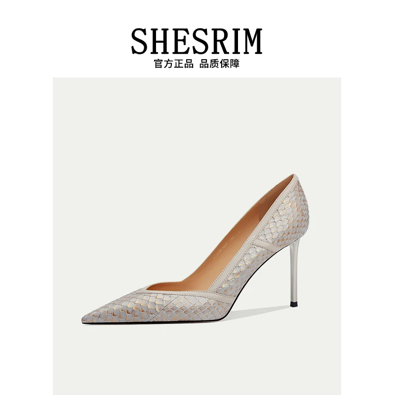 2023春季新款真皮女鞋时尚高跟鞋尖头蛇皮单鞋简约通勤浅口女士鞋