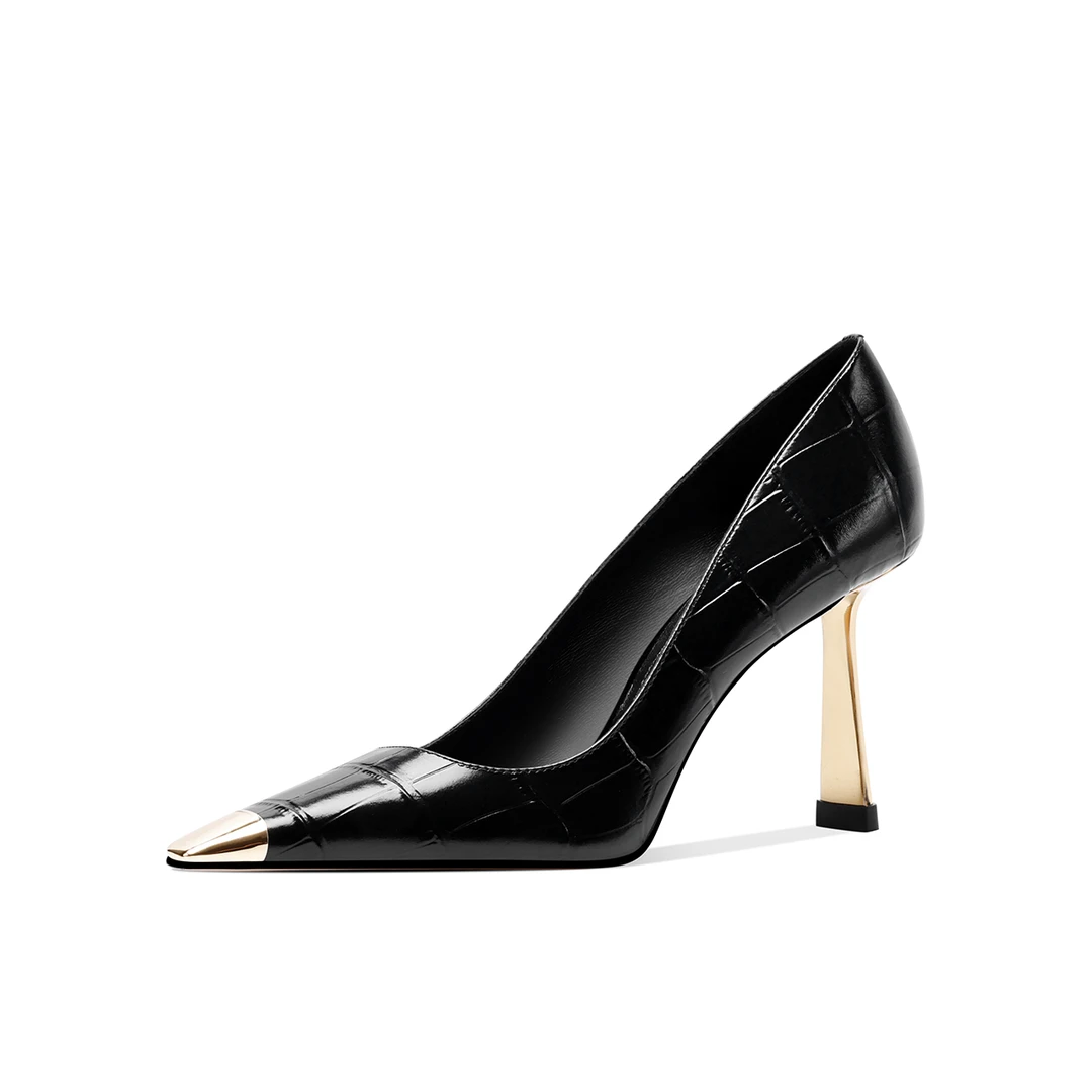 【英伦风华】早秋新款首发压纹新款浅口高跟单鞋气质黑色铁头时尚