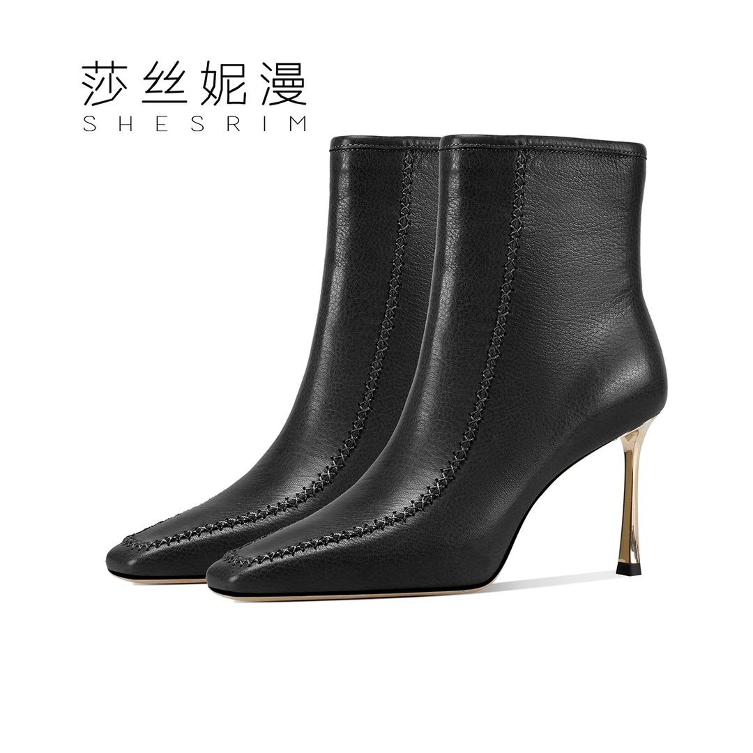 Q112-新款真皮细跟短靴羊皮小裸气质短靴尖头细高跟时尚女款