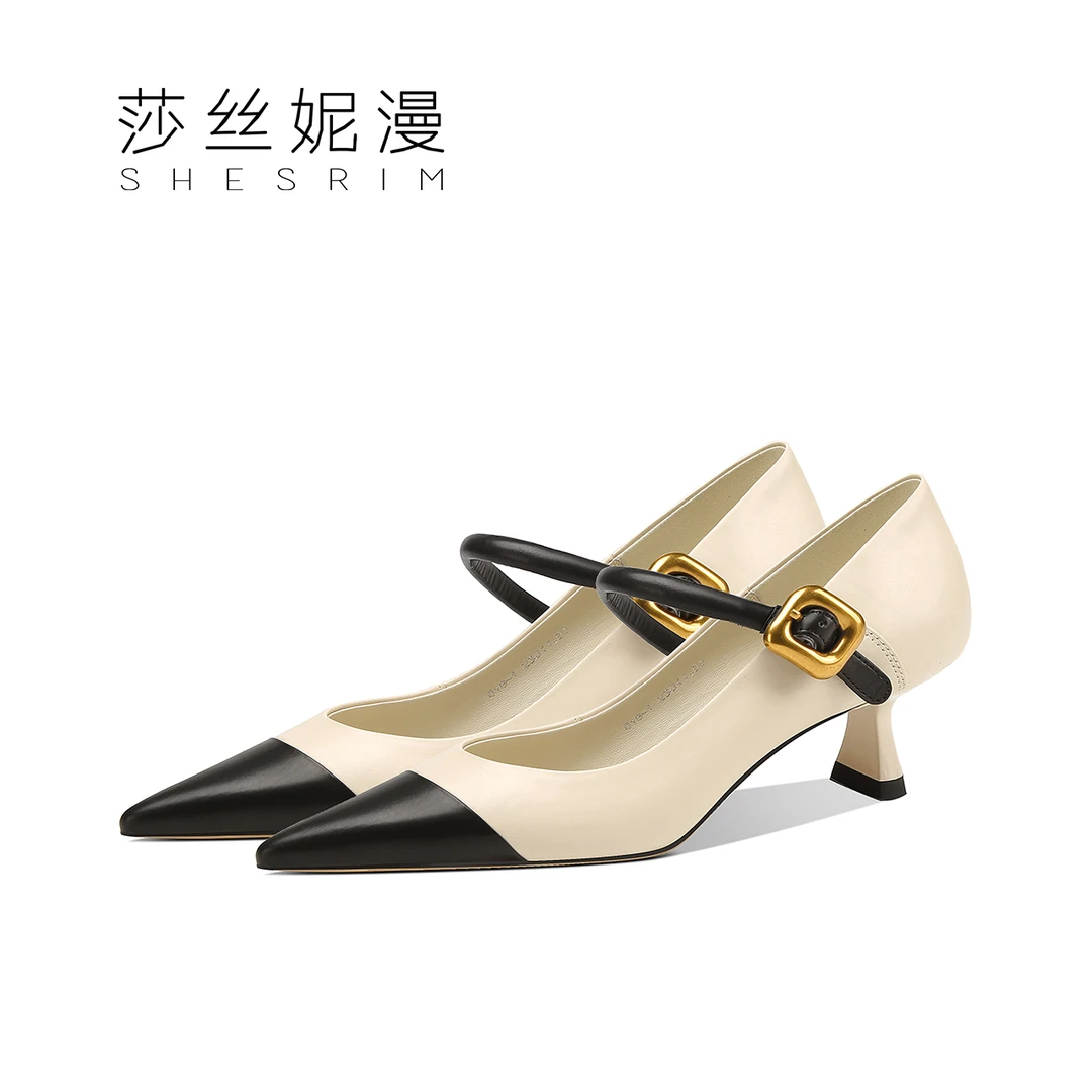 真皮玛丽珍女鞋时尚高跟鞋尖头漆皮单鞋通勤浅口中跟细跟