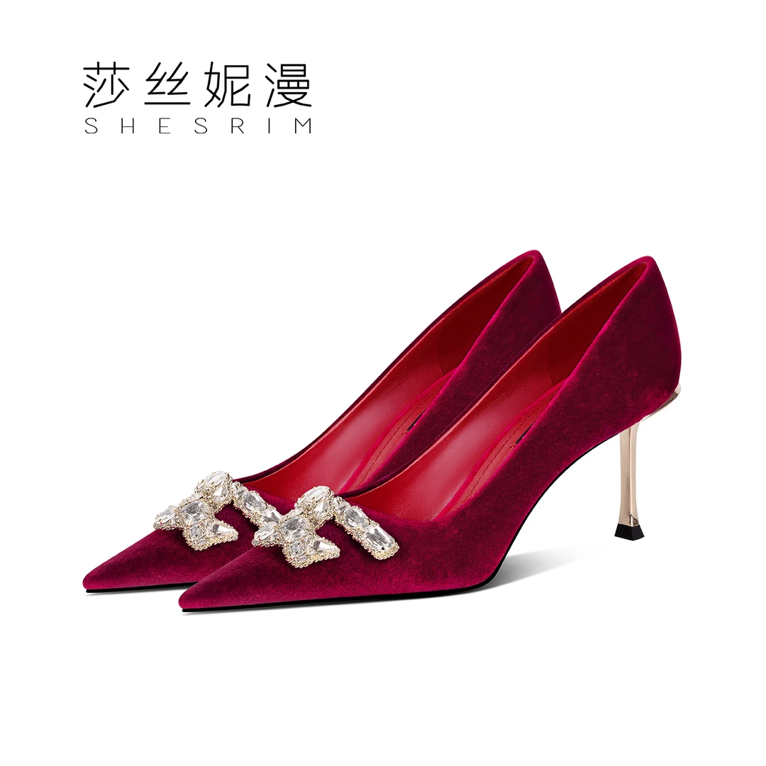 P29-丝绒单鞋春秋季新款高跟鞋细跟气质通勤时尚百搭优雅女鞋红色