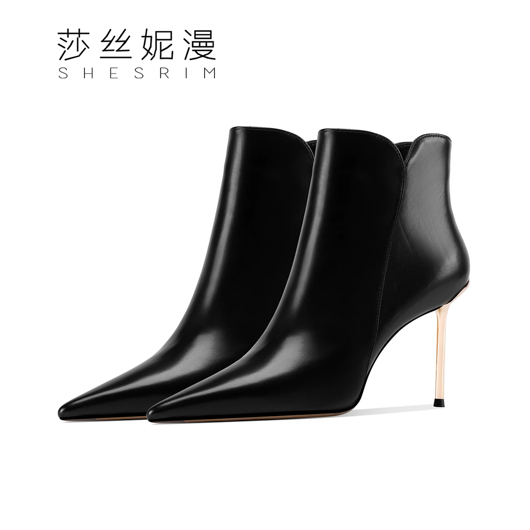 尖头高跟短靴女2024冬新款百搭短筒时装靴细跟真皮靴子
