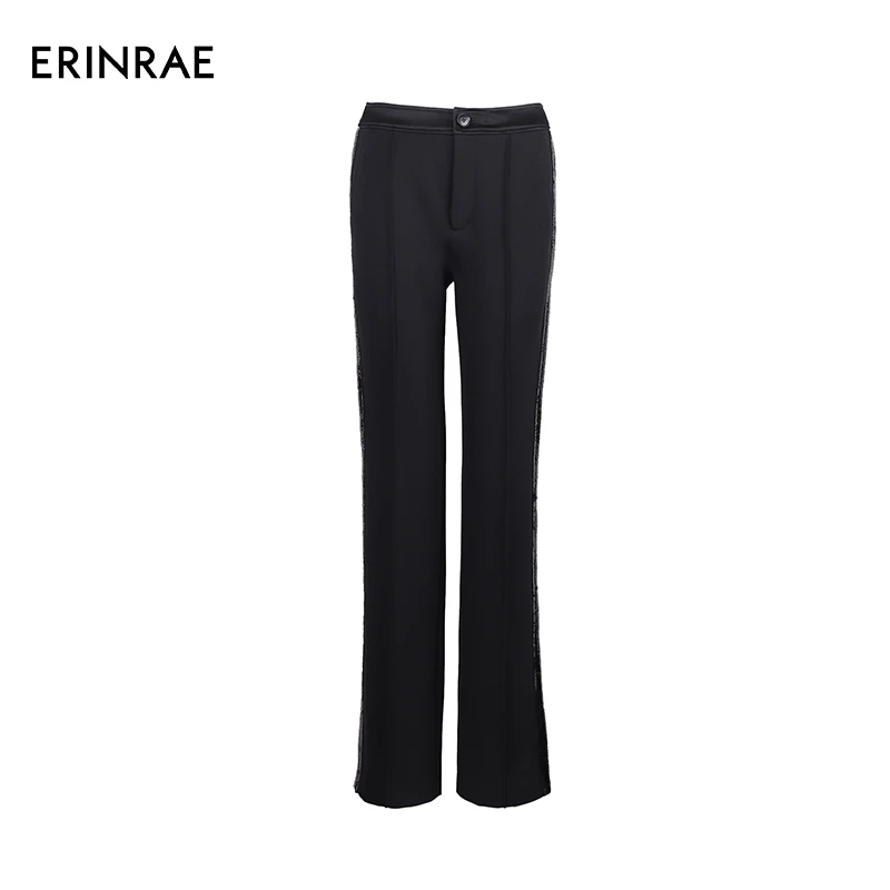 ERINRAE秋冬款黑色直筒裤侧面亮片设计感长裤休闲裤EF436091VI20