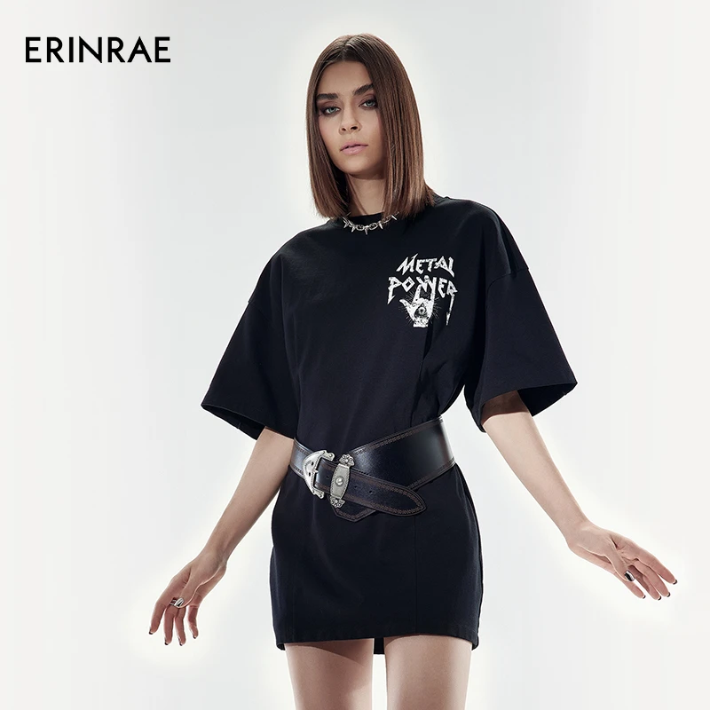 ERINRAE夏季黑色休闲连衣裙百搭宽松小众收腰中裙EF211117CO20