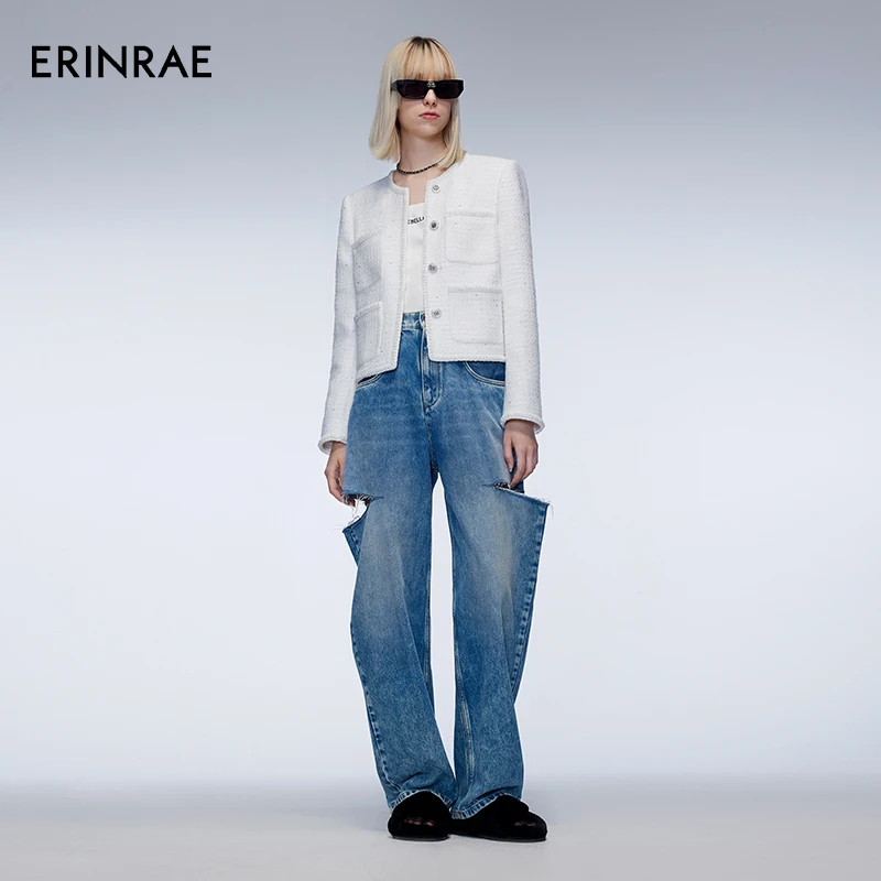 ERINRAE新款春夏蓝色破洞简约休闲时尚女装牛仔裤EF4N2100CO81