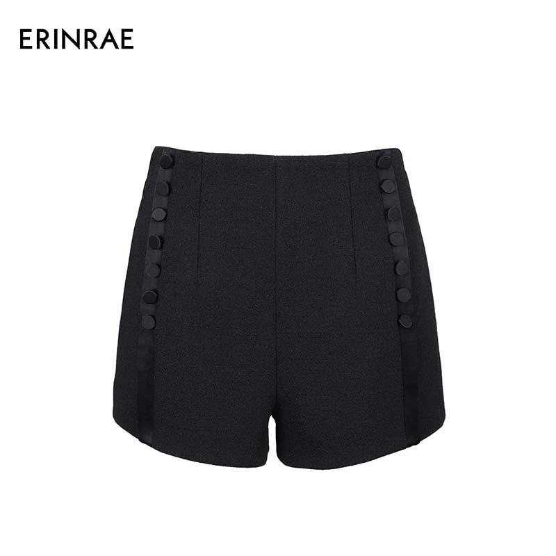 ERINRAE秋季黑色双排扣短裤舒适高腰拉链直筒三分裤EF331049TA20