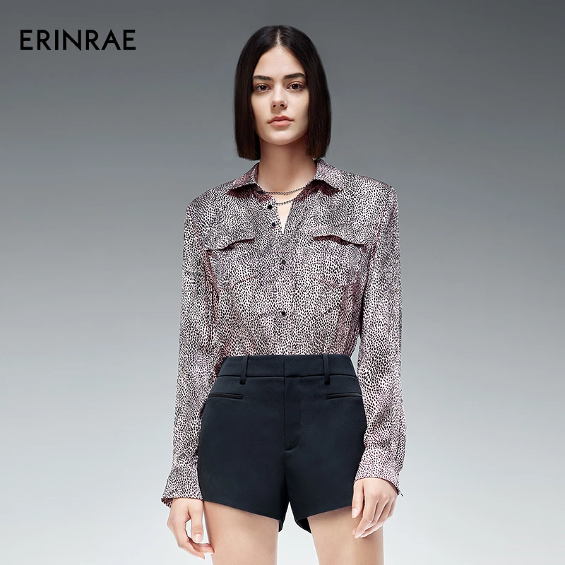 ERINRAE春季豹纹翻领桑蚕丝衬衫长袖单排扣时髦衬衣EE314083SE49