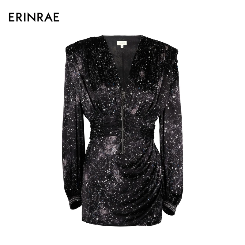ERINRAE春季法式服饰长袖V领拉链印花时尚女装连体裤EF185086SE02