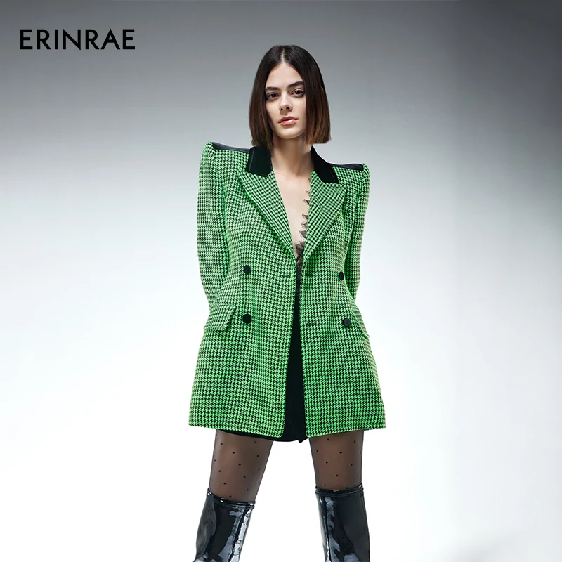 ERINRAE千鸟格绿色洋装西装外套收腰版枪驳领西服EE441183PL97
