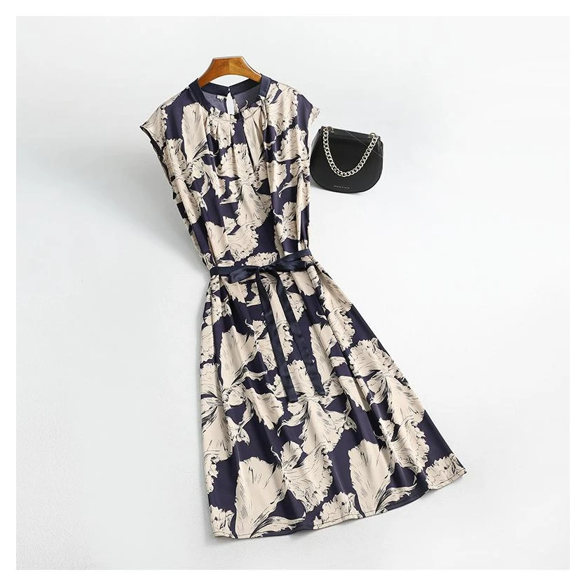 0602春夏新款藏青色缎面印花亲肤连衣裙宽松系带裙子