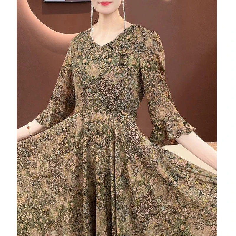 0311新款七分袖宫廷复古风印花连衣裙收腰显瘦气质大摆裙