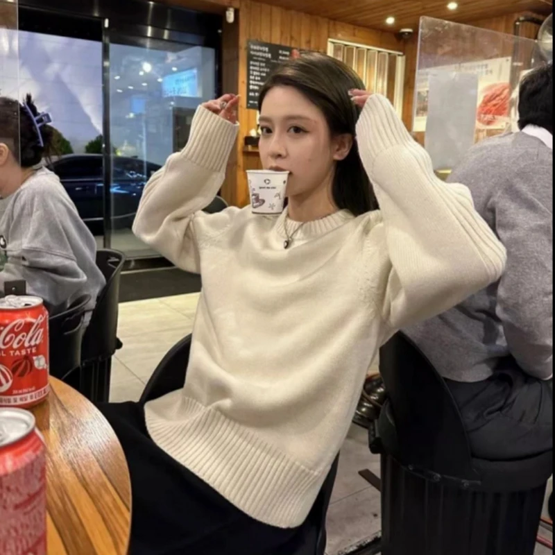 韩系圆领套头毛衣女宽松打底2024秋冬新款坑条外穿针织毛衣 9003#