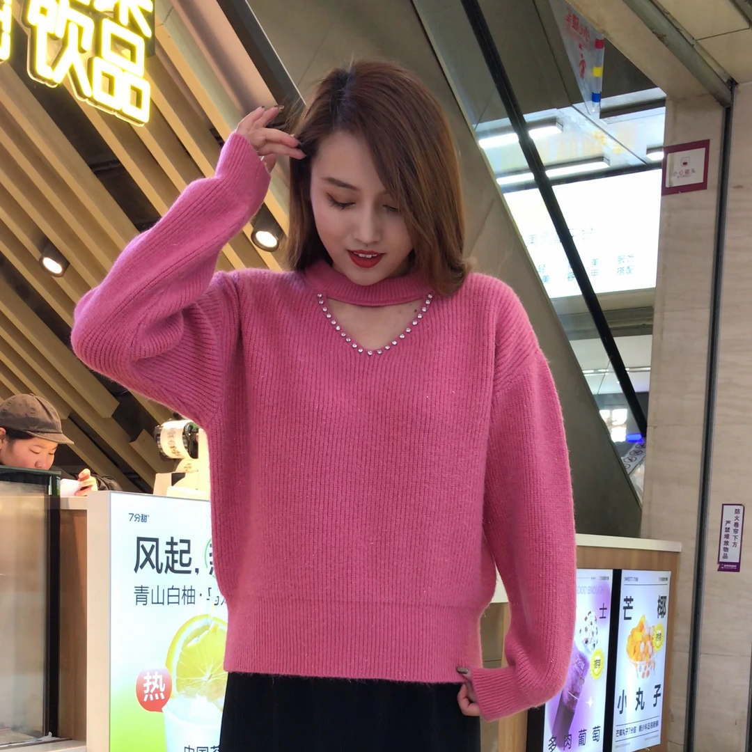 秋冬新款钉珠镂空针织衫女气质显瘦长袖打底毛衣