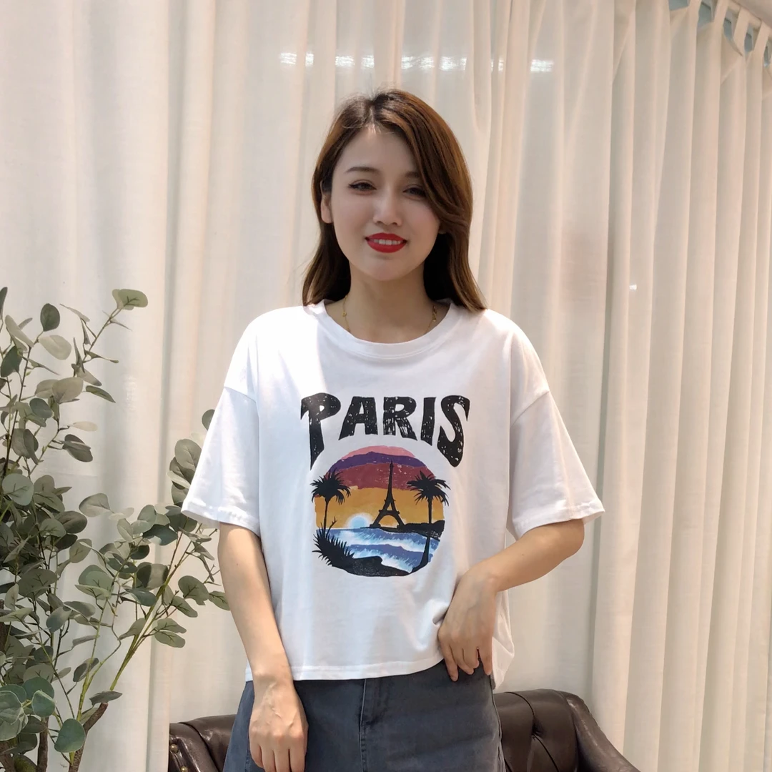 夏季休闲百搭休闲时尚简约半袖宽松印花圆领韩版潮流显瘦T 恤女士