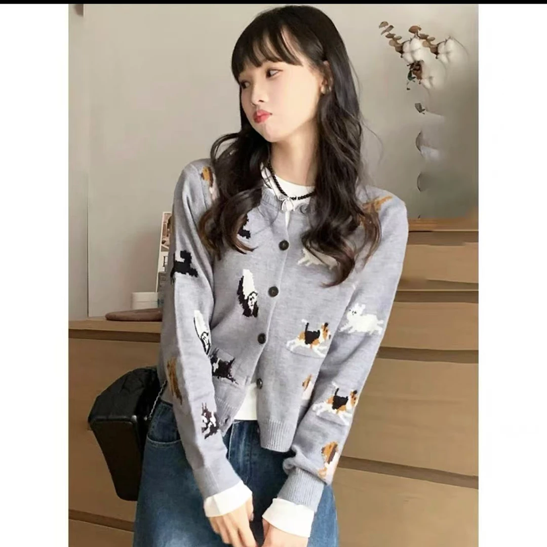 7542-小狗图案针织开衫（灰色）