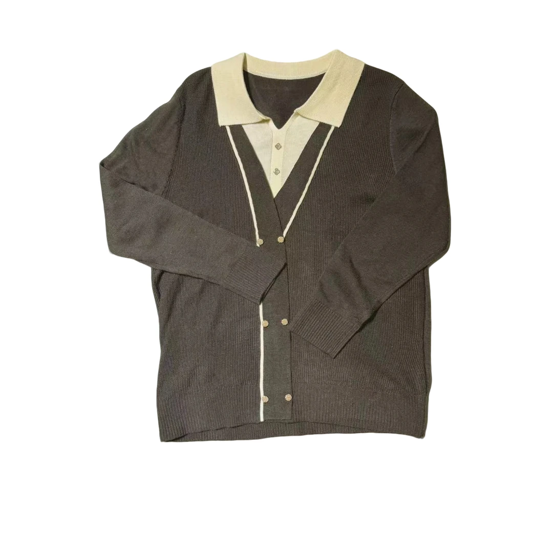 7525-双排扣假两件（咖色）针织衫