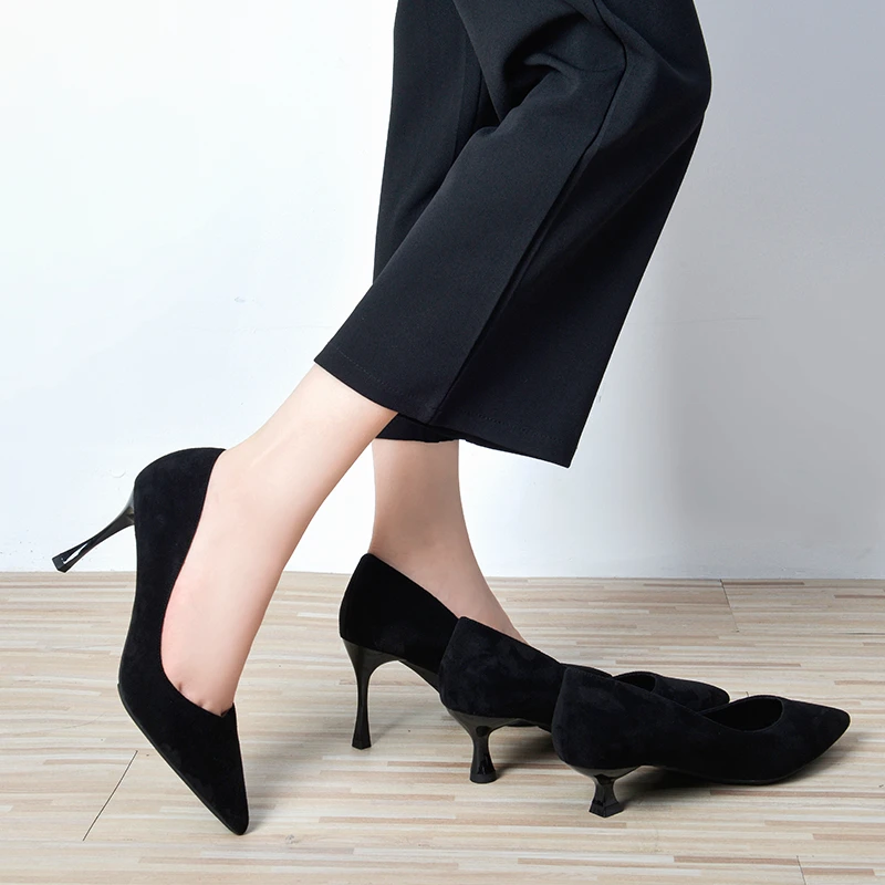 黑色绒面空乘女高跟鞋百搭小黑鞋职业软底上班久站肯德基工作鞋女