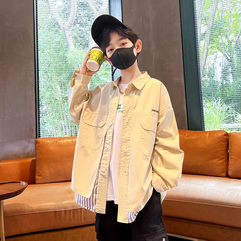 儿童装男童秋装衬衫外套春秋款2024新款中大童男孩秋季假两件上衣