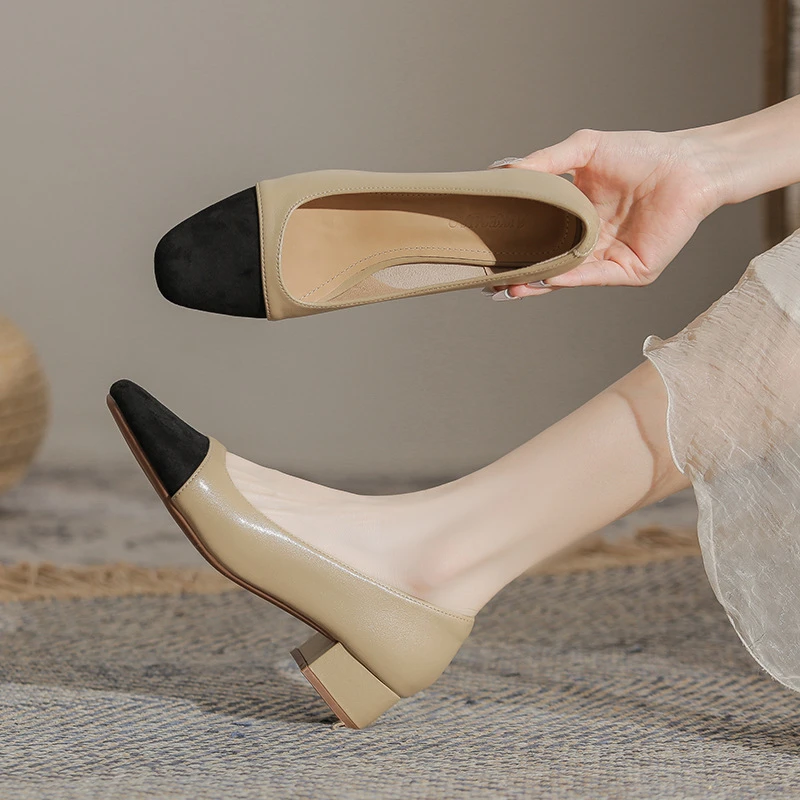 羊皮3CM/5CM小香风粗跟单鞋春秋中跟瓢鞋法式高跟鞋子女款百搭