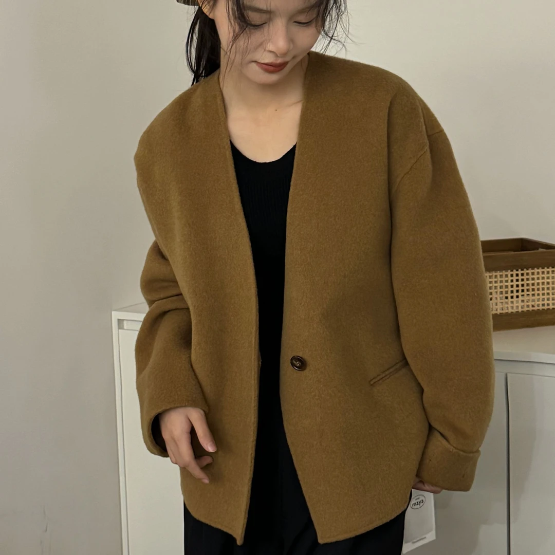 『7305-春季西装』韩系V领派对通勤短款双面大衣