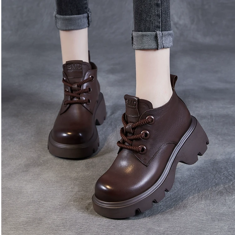 头层牛皮厚底短靴女2024春秋新款增高系带真皮女鞋英伦复古及踝靴